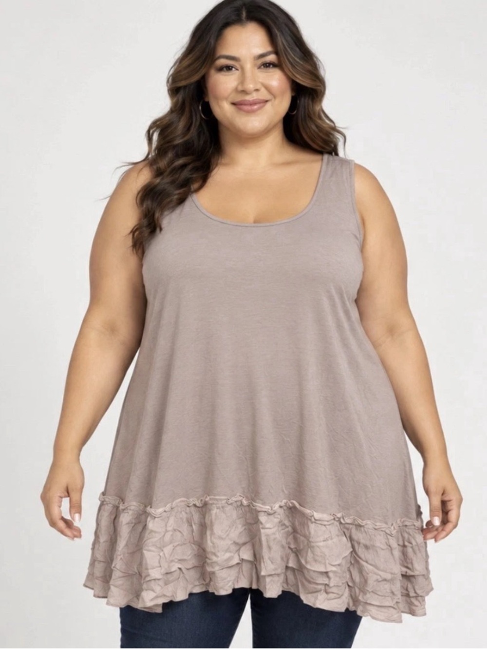 LOGO Lori Goldstein Textured Ruffle Hem Tank Macrame Taupe 3X A717818